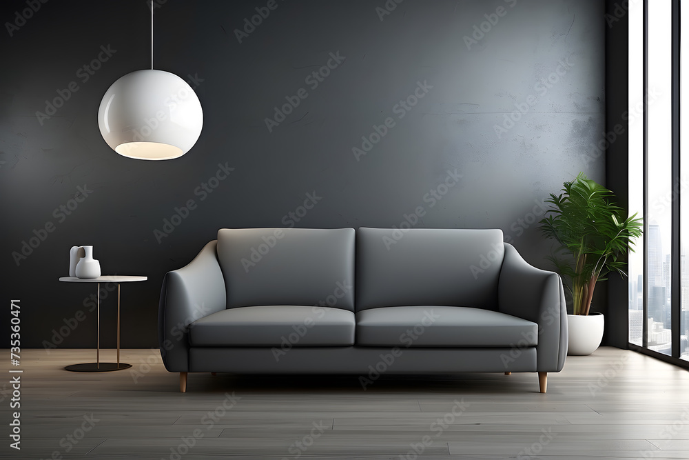 Inside there is a sofa in a dark grey floor blank display design. Inside there is a sofa in a dark grey floor blank display design.