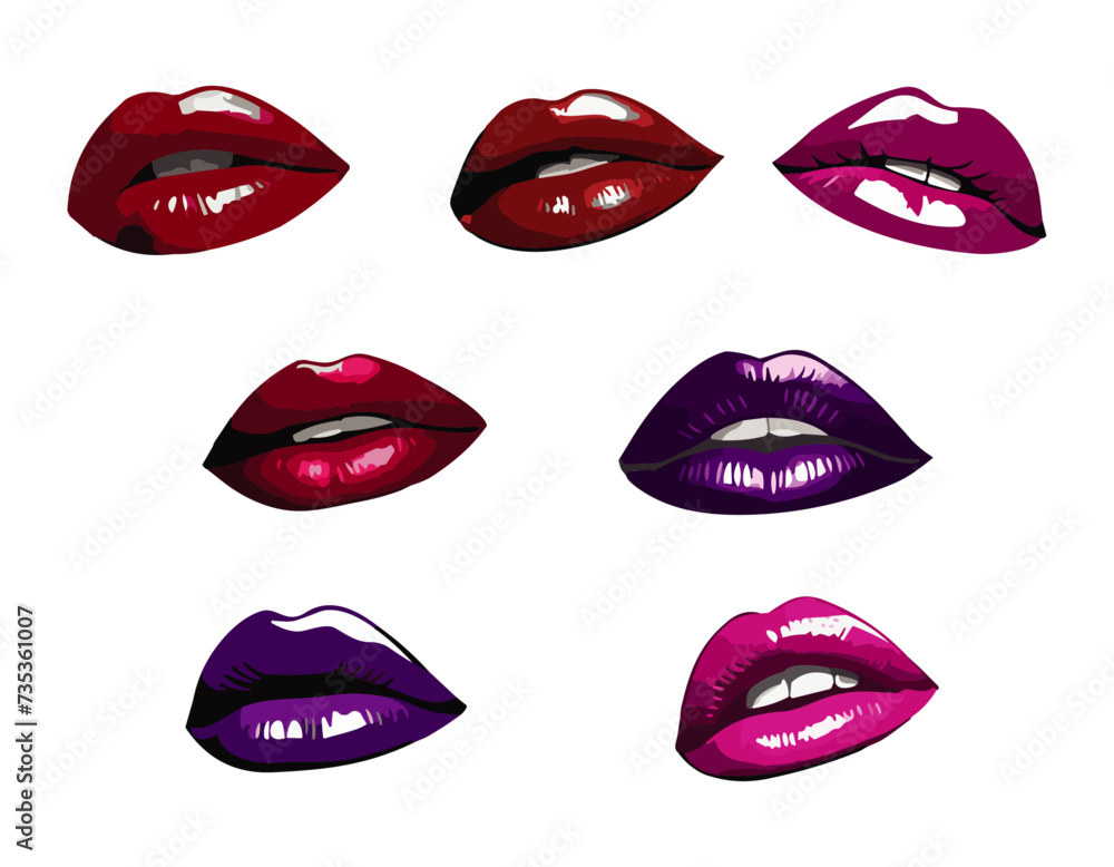 Obraz premium Vector art of glossy and stunning women’s lips, lipstick kiss, illustration set isolated in white background.
