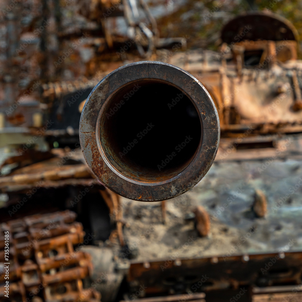 Destroyed military equipment of Russia in the war with Ukraine. Burnt Russian tank.