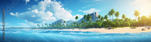 Panoramic View of a Pristine Tropical Beach with Crystal Blue Waters, Palm Trees, and Majestic Mountain in the Background