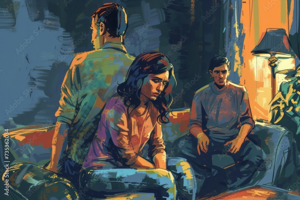 A Painting of Two People Sitting on a Couch A Painting of Two People Sitting on a Couch