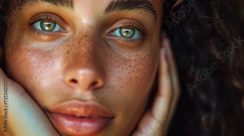 Beauty, portrait and natural face of black woman with healthy freckle skin texture touch. Aesthetic, facial and skincare cosmetic model girl touching cheeks for self love and wellness.
