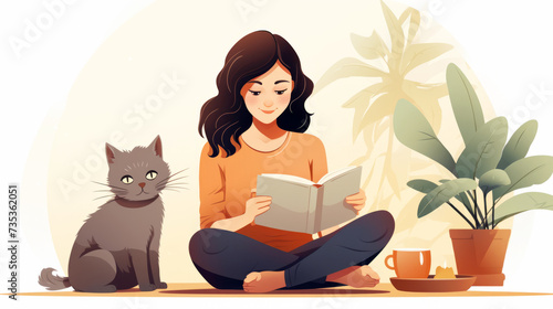 Woman enjoying reading a book with her cat in a cozy home setting