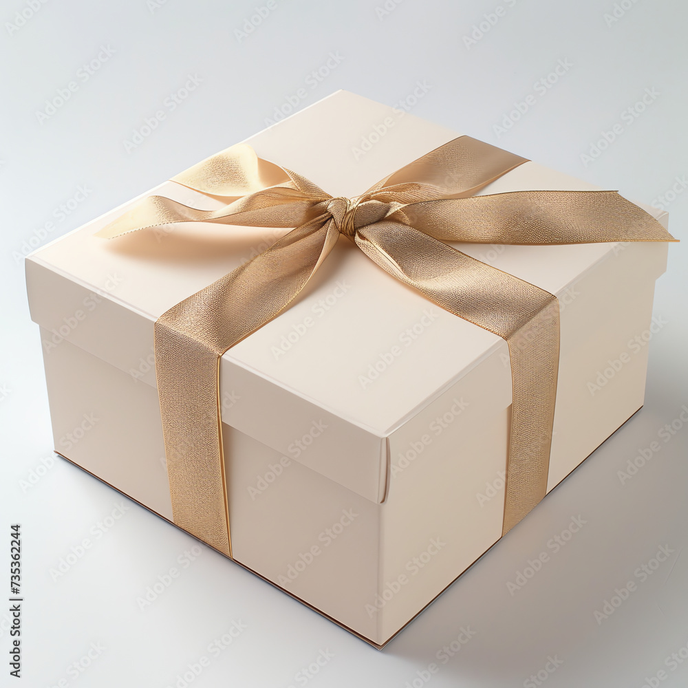 Single Gift Box with Gold Ribbon on Pure White Background Single Gift Box with Gold Ribbon on Pure White Background