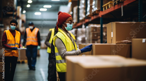 Focused warehouse worker in safety vest and face mask scanning packages