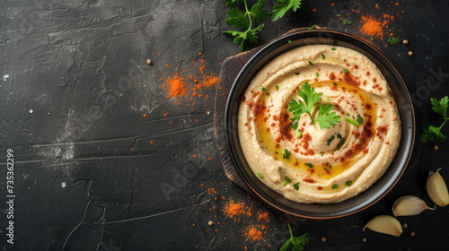Hummus delicious middle east cousine, tasty paste made from cooked and pureed chickpea seeds photo
