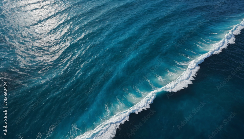 The majestic beauty of the ocean as viewed from a drone, showing the detailed textures and forms of waves crashing into the sea from a top view perspective.