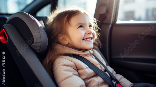 Joyful little girl laughing in a car safety seat during a family trip