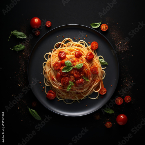 Italian Spaghetti Pasta with Tomato Sauce, Cherry Tomatoes, and Basil on a Dark Plate with Dramatic Lighting