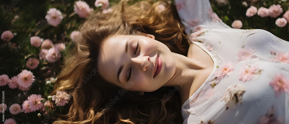 close-up of a beautiful woman lying on the flowers of a meadow enjoying the spring - copyspace