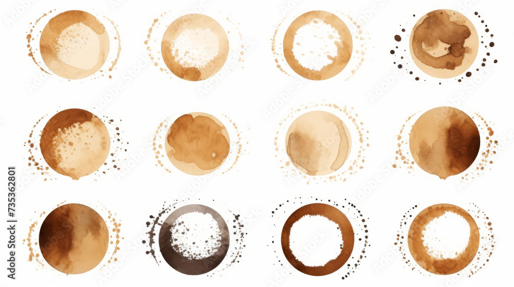 Assorted coffee stains on white background depicting various brown tones and splashes Assorted coffee stains on white background depicting various brown tones and splashes