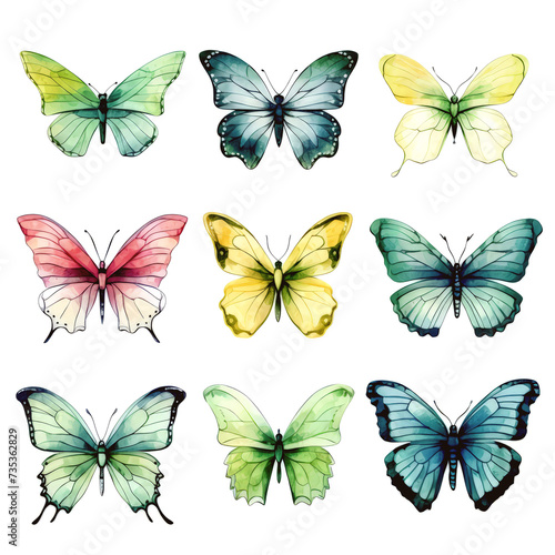 Colorful watercolor butterflies collection isolated on white background