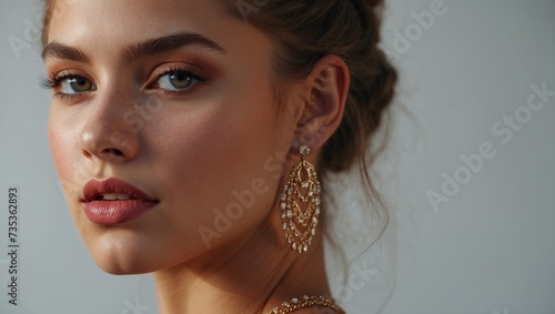 Portrait of a beautiful stylish european girl. Luxurious curly curls.Earrings with precious stones in the ears. A clean, shiny face.The concept of beauty.It is possible for use in advertising jewelry.