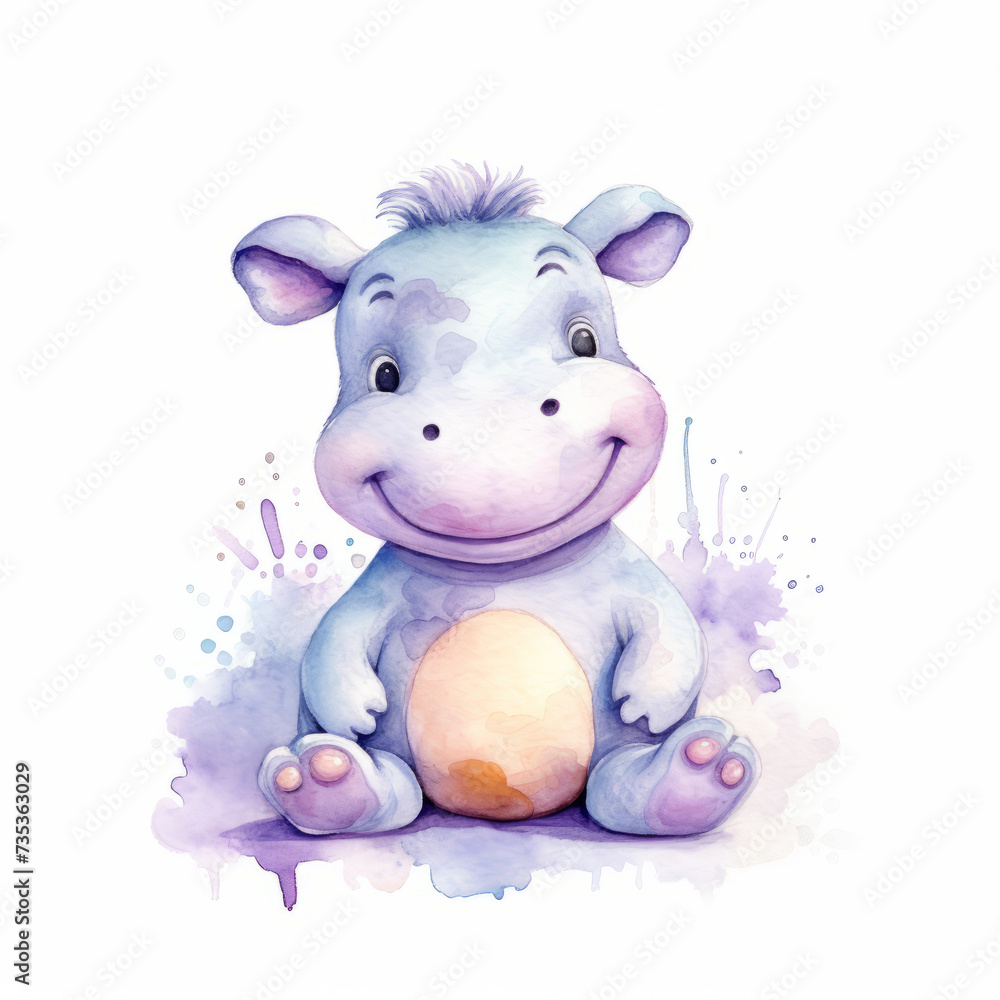 Fototapeta premium Adorable smiling cartoon hippopotamus with a playful watercolor splash background