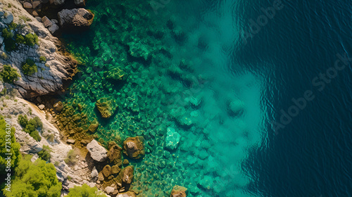 an aerial view of a rocky shoreline next to a body of water