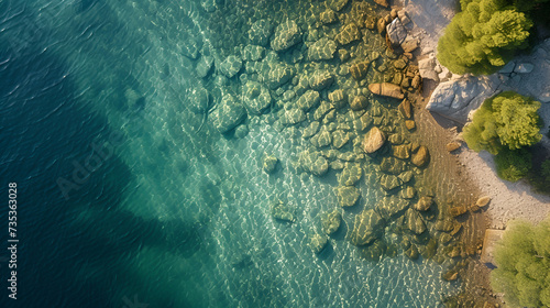 An electric blue body of water next to a rocky shoreline seen from above