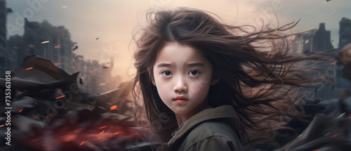 A Young Girl with Startled Eyes and Windswept Hair Amidst a Chaotic Background with Flying Embers