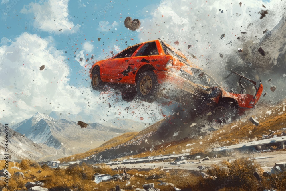 Red Car Soaring Through the Air Red Car Soaring Through the Air