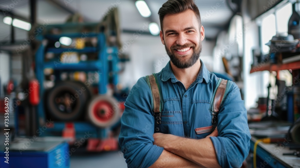 Smiling mechanic with arms crossed in a well-equipped workshop Smiling mechanic with arms crossed in a well-equipped workshop