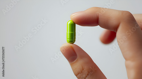 Gesture of holding a green capsule between fingers