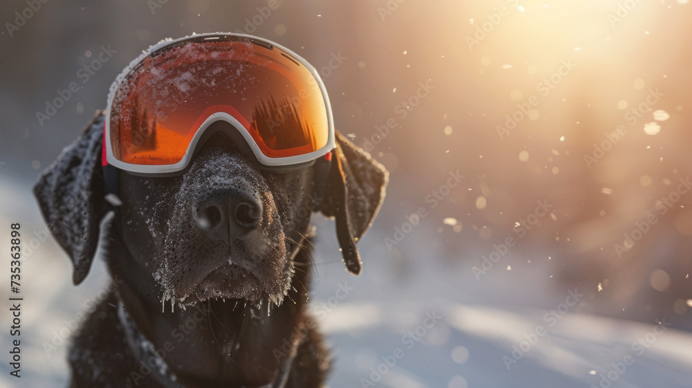 Labrador with ski goggles on a blurry snowy landscape. Funny dog ready to ski, snow holidays concept. Labrador with ski goggles on a blurry snowy landscape. Funny dog ready to ski, snow holidays concept.
