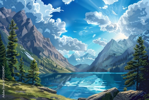 A Painting of a Mountain Lake Surrounded by Pine Trees