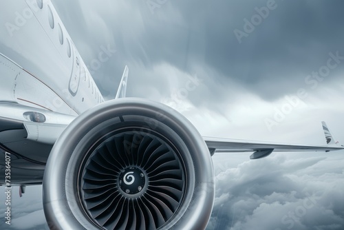 Jet engine wing above clouds. Close-up shot. Modern aviation concept. Travel background. Passenger airliner, commerical aircraft. Design for banner, poster