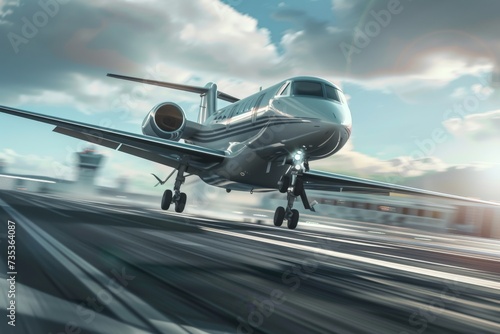 Private jet taking off with motion blur. Business aviation concept. Luxury travel background. Passenger airliner, commerical aircraft. Design for banner, poster.  © dreamdes