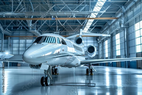 Private jet in a hangar. Business aviation concept. Luxury travel background. Passenger airliner, commerical aircraft. Design for banner, poster. 