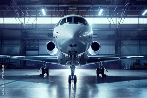 Private jet in a hangar. Business aviation concept. Luxury travel background. Passenger airliner, commerical aircraft. Design for banner, poster. Symmetric view
