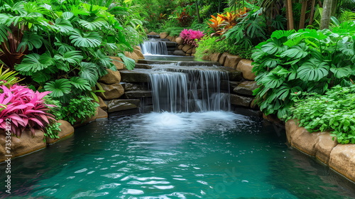 Gentle waterfalls flow into a serene pond in a lush green garden filled with vibrant plants.