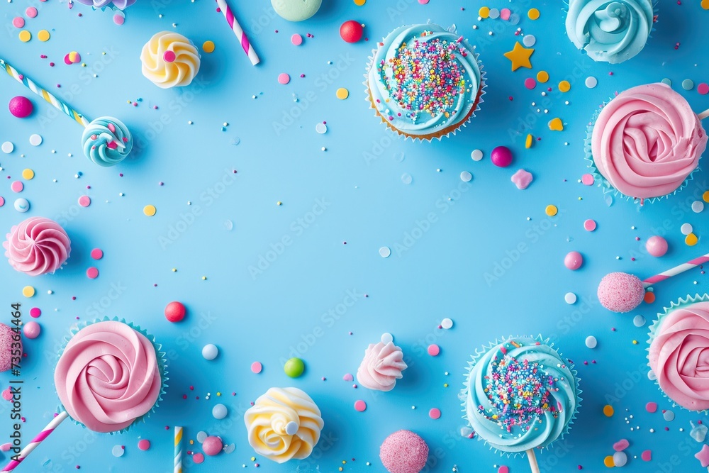 Blue table top on blue background with decorated lollipops and cupcakes, children birthday party Blue table top on blue background with decorated lollipops and cupcakes, children birthday party