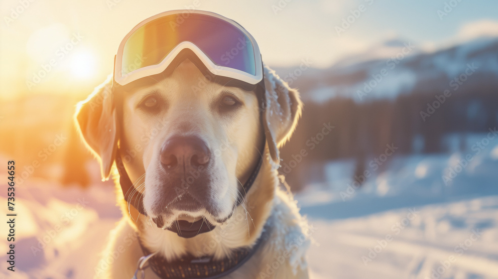 Labrador with ski goggles on a blurry snowy landscape. Funny dog ready to ski, snow holidays concept.