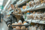 A cute Easter rabbit pushing a shopping cart with a lot of eggs at the supermarket. Happy Easter background. Easter bunny and eggs concept.