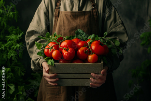 A farmer  holding a box of freshly harvested tomatoes and fresh seasonal greens from the garden. Fresh vegetables. © Helen