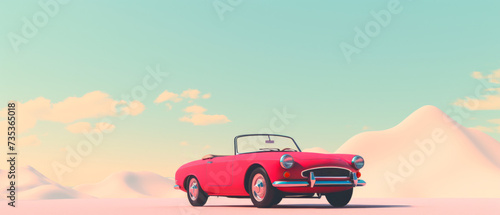 Classic Red Convertible Vintage Car Parked on a Pastel Desert Landscape Under a Soft Sky with Fluffy Clouds