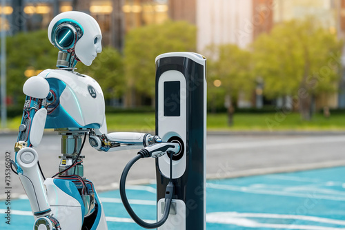 A sleek automaton dutifully tends to an electric vehicle, its outdoor charging meter ticking steadily in the background photo