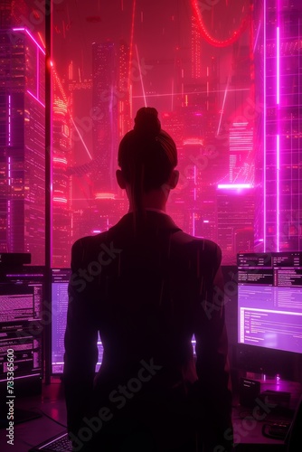 business woman in suit looking at bright led lights and computers in an office 