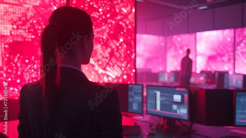 business woman in suit looking at bright led lights and computers in an office 