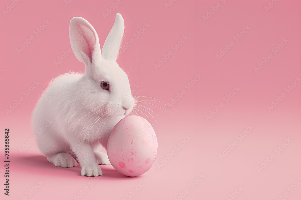 Easter bunny with pink egg. White background. Space for text. Happy Easter card background. White rabbit. Easter bunny with pink egg. White background. Space for text. Happy Easter card background. White rabbit.