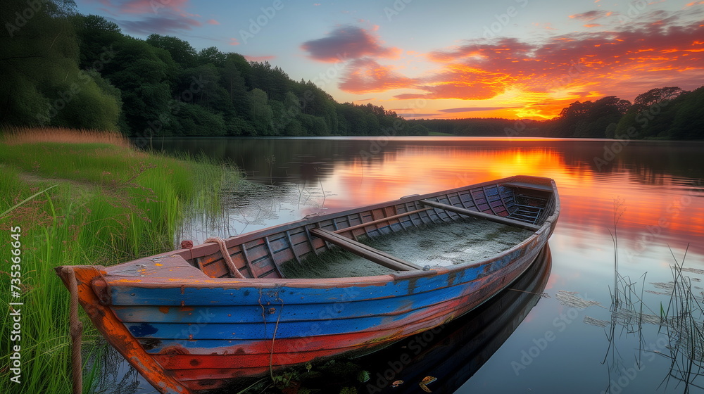 An old, colorful rowboat is moored on the calm waters of a lake, with a stunning sunset in the background.