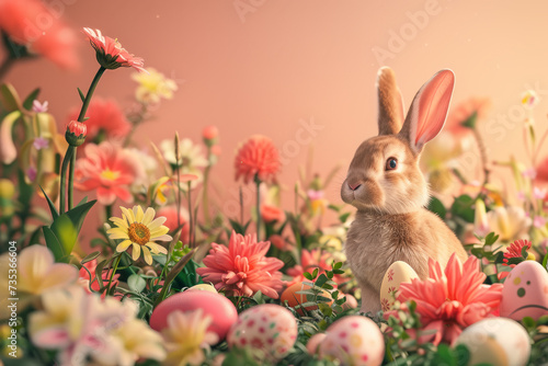 Easter Bunny with orange flowers and Easter eggs. Happy Easter background. Peach color background.