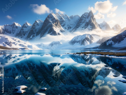 "Frozen Majesty: A Captivating HD Portrait of an Icy Lake Embraced by Towering Mountains, Where Nature's Grandeur Takes Center Stage"