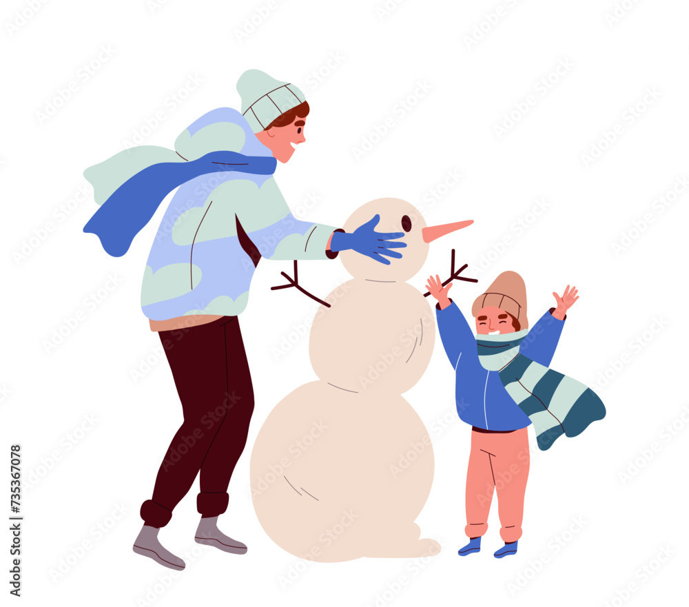 Winter activity concept. Man with child make snowman. Leisure outdoor in cold weather. Graphic element for website. Cartoon flat vector illustration isolated on white background Winter activity concept. Man with child make snowman. Leisure outdoor in cold weather. Graphic element for website. Cartoon flat vector illustration isolated on white background