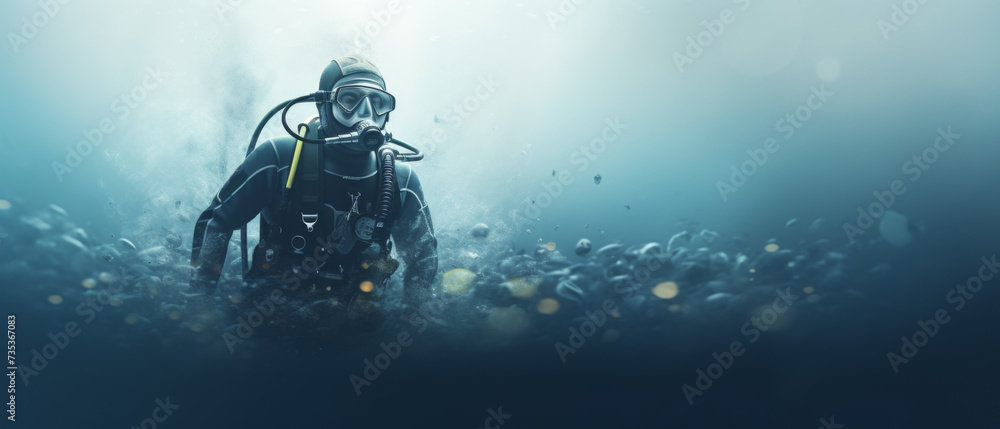 Scuba Diver Exploring the Ocean Depths with Bubbles and Marine Sediment