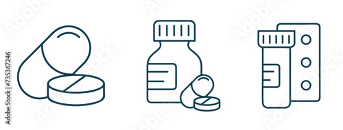 medicine dosage line icon vector. painkiller pills drug bottles blister illustration. for clinic, pharmacy, drugstore 
