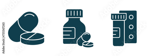 medicine dosage solid icon vector. painkiller pills drug bottles blister illustration. for clinic, pharmacy, drugstore 