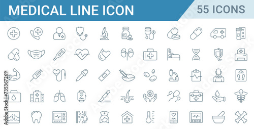 Set of medical and healthcare line icons vector. icons such as medicine, injection, x-ray, bone, tooth, and hospital illustration