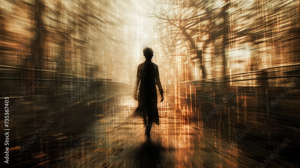 Illustration of the silhouette of a woman walking on her path of life while many things pass by her at high speed and almost unnoticed, all as symbolism Illustration of the silhouette of a woman walking on her path of life while many things pass by her at high speed and almost unnoticed, all as symbolism
