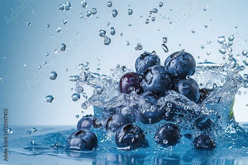 Blueberries splashing in water on blue background